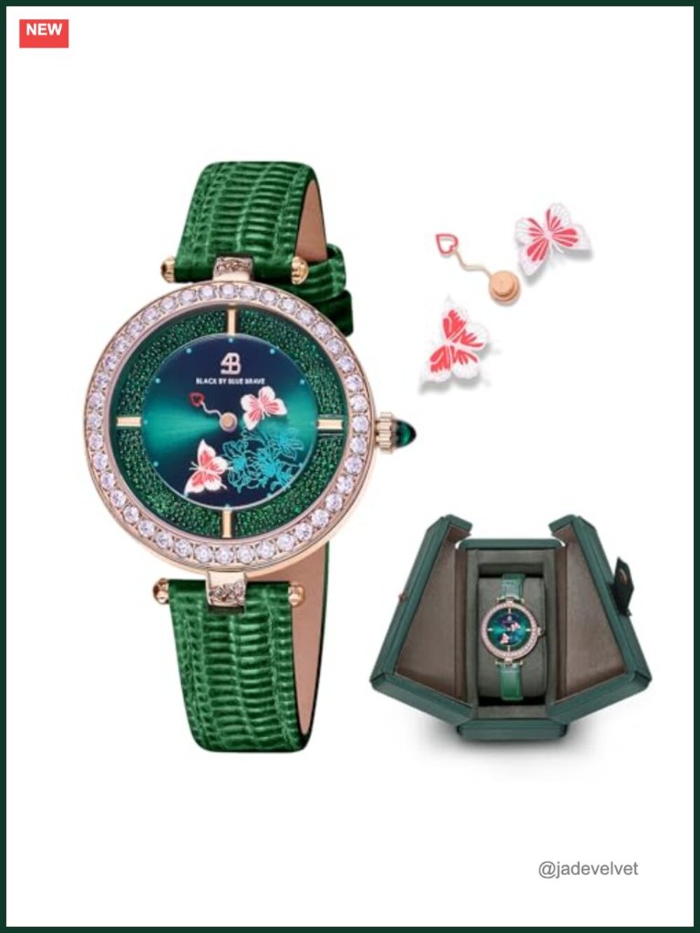 Butterfly Watch for Women Leather Strap Sapphire Crystal Quartz 34mm